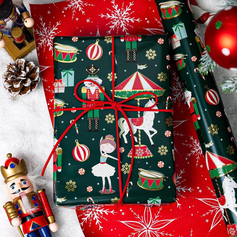 Retrify Christmas Wrapping Paper - Nutcracker Girl Ballet Snowflake Pattern Elegant Green Gift Wrap Paper for Holiday Shower Party Celebration - 17 Inch x 32.8 Feet Mini Roll - Image 4